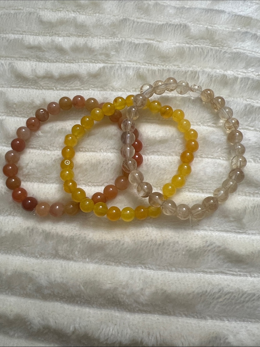 Agate 6mm Bead Stretch Bracelet Trio - Yellow, Peach & Rutilated quartz